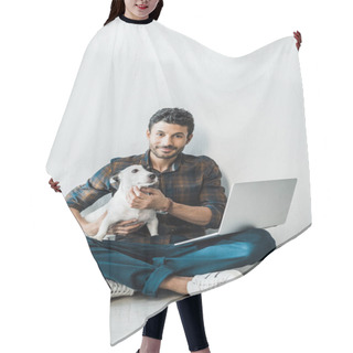 Personality  Handsome And Smiling Bi-racial Man With Laptop Holding Jack Russell Terrier Hair Cutting Cape
