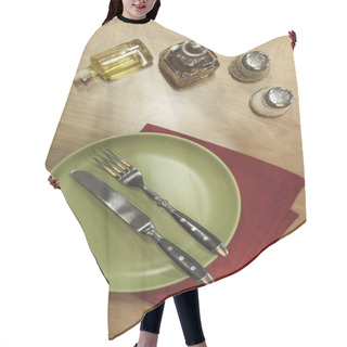Personality  Top View Of Arranged Cutlery, Napkin And Spices On Wooden Surface Hair Cutting Cape