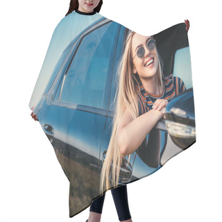 Personality  Happy Stylish Woman In Sunglasses Leaning Out From Car Window  Hair Cutting Cape