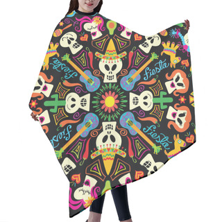 Personality  Skulls And Symbols Form A Traditional Mexican Motif In Honor To The Day Of The Dead. Guitars, Cactus, Tequila Bottles, Hearts, Stars, Flowers, Hats, Avocados, Maracas And Piatas In A Mandala Style Hair Cutting Cape