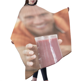 Personality  Middle Aged Man Drinking Fresh Berry Smoothie Hair Cutting Cape