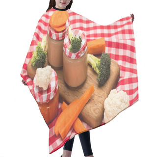 Personality  Baby Nutrition In Jars With Carrots, Broccoli And Cauliflower On Cutting Board On Checkered Tablecloth Hair Cutting Cape