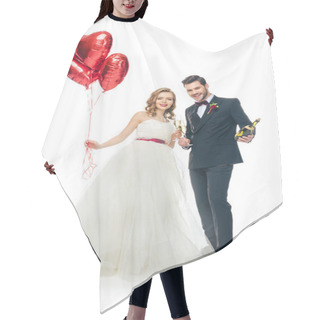 Personality  Wedding Couple With Red Heart Shaped Balloons And Champagne Isolated On White Hair Cutting Cape