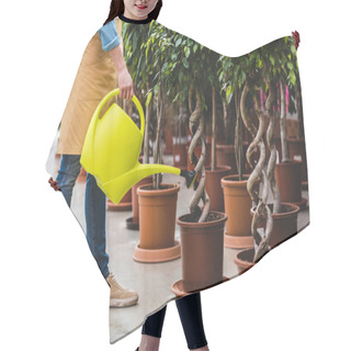 Personality  Close-up View Of Gardener With Watering Can Taking Care Of Plants In Greenhouse Hair Cutting Cape