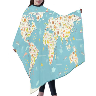 Personality  Animals World Map. Beautiful Cheerful Colorful Vector Illustration For Children And Kids. With The Inscription Of The Oceans And Continents. Preschool, Baby, Continents, Oceans, Drawn, Earth Hair Cutting Cape