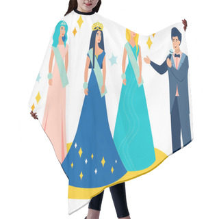 Personality  Beauty Contest. Young Female Model At The Crown Award. In Minimalist Style Cartoon Flat Vector Hair Cutting Cape