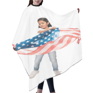 Personality   Latin Kid In Denim Jeans Standing With American Flag Isolated On White  Hair Cutting Cape