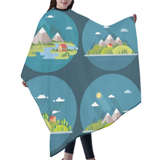 Personality  Summer  Landscape Set. Houses In The Mountains Among The Trees,  Hair Cutting Cape