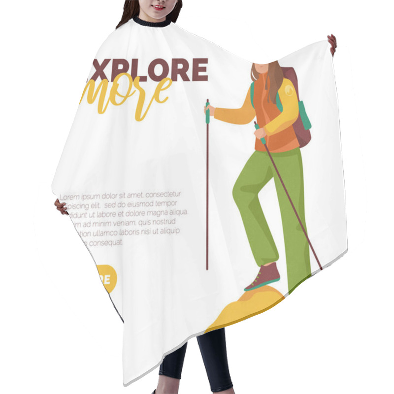 Personality  Cute Girl Traveler On The Mountain. Caption - Explore More! Vector Cartoon Illustration. Character Design Hair Cutting Cape