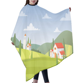 Personality  Rural Landscape Panorama Flat Vector Illustration. Italy Farmland Buildings And Green Meadow At Daytime. Countryside Houses Exterior. Cottages On Nature. Field And Blue Sky Scenery. Country Villa. Hair Cutting Cape