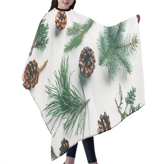 Personality  Flat Lay With Green Branches And Pine Cones Arranged On White Backdrop Hair Cutting Cape
