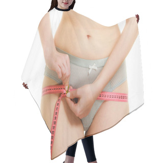 Personality  Woman Fit Girl In Lingerie Measuring Her Hips With Measure Tape Closeup. Part Of Female Body. Weight Loss Dieting Concept. Hair Cutting Cape