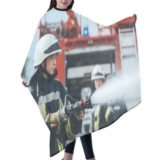Personality  Female Firefighter With Water Hose Extinguishing Fire On Street Hair Cutting Cape