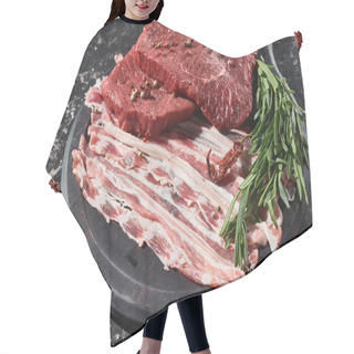 Personality  Wooden Pan With Raw Beef Steaks And Bacon Slices Near Rosemary And Dried Cayenne Pepper On Black Marble Surface Hair Cutting Cape