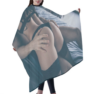 Personality  Cropped Photo Of Two Tender Partners People Hot Naughty Game Lady Black Pantyhose Bikini On-top Guy Touch Her Fit Perfect Ass Having Pleasure Bed Linen House Indoors Hair Cutting Cape