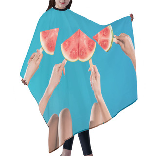 Personality  Young Women Holding Watermelon Pieces Hair Cutting Cape