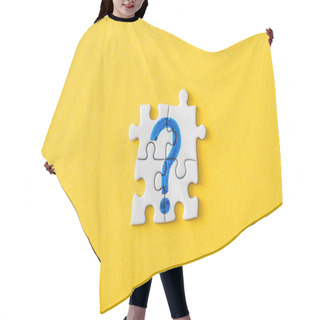 Personality  Top View Of Connected Puzzle Pieces With Drawn Blue Question Mark On Yellow Hair Cutting Cape