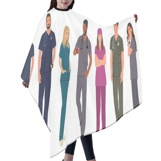 Personality  Set Of Smiling Doctors, Nurses, Paramedics. Different Male And Female Medic Workers In Uniform Scrubs With Stethoscopes. Flat Cartoon Realistic Vector Illustration Isolated On Transparent Background.  Hair Cutting Cape