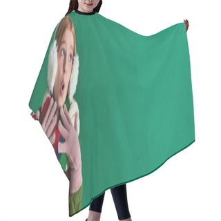 Personality  Shocked Preteen Girl In Ear Muffs, Striped Scarf And Winter Outfit Gesturing On Turquoise, Banner Hair Cutting Cape