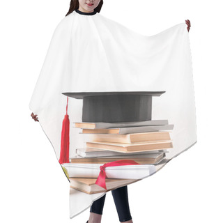 Personality  Pile Of Books With Academic Hat, Diploma And Apple Isolated On White  Hair Cutting Cape