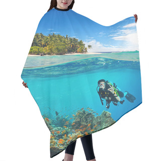 Personality  Under And Above Water Surface View Of Woman Diver. Underwater Fauna And Flora, Marine Life And Exotic Island On Background Hair Cutting Cape