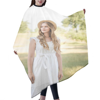 Personality  Beautiful Girl With Straw Hat And White Dress Standing On Meadow And Looking Away Hair Cutting Cape
