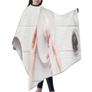 Personality  Panoramic Shot Of Woman Decorating Cupcake With Icing Bag On White Wooden Table Hair Cutting Cape