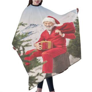 Personality  Jolly Santa With Present Bag And Gift Sitting On Tree Stump Next To Conifers, Winter Concept Hair Cutting Cape
