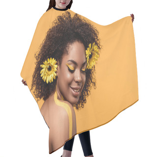 Personality  Young Sensual African American Woman With Artistic Make-up And Gerberas In Hair Isolated On Orange Background Hair Cutting Cape