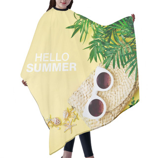 Personality  Tropical Leaves And Beach Bag With Sunglasses  On  Yellow  Background. Top View, Flat Lay. Hair Cutting Cape