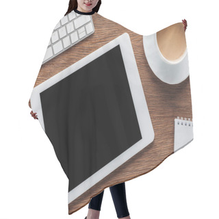 Personality  Top View Of Digital Tablet With Blank Screen, Keyboard And Coffee Cup On Wooden Background Hair Cutting Cape
