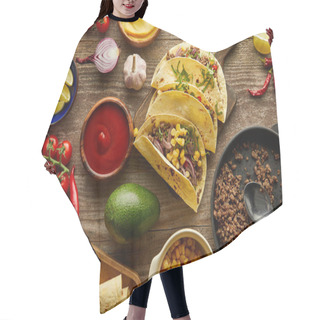 Personality  Top View Of Cooked Tacos With Vegetables And Sauces On Wooden Surface Hair Cutting Cape