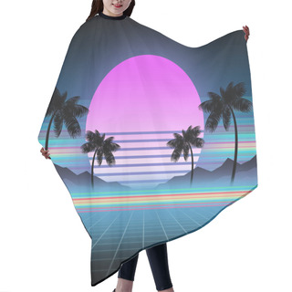 Personality  Synthwave And Retrowave Background Template. Palms, Sun And Space In Computer Game. Retro Design, Rave Music, 80s Computer Graphics And Sci-fi Technology Concept. Hair Cutting Cape