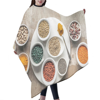 Personality  Top View Of Superfoods, Nuts And Legumes On Textured Rustic Background Hair Cutting Cape