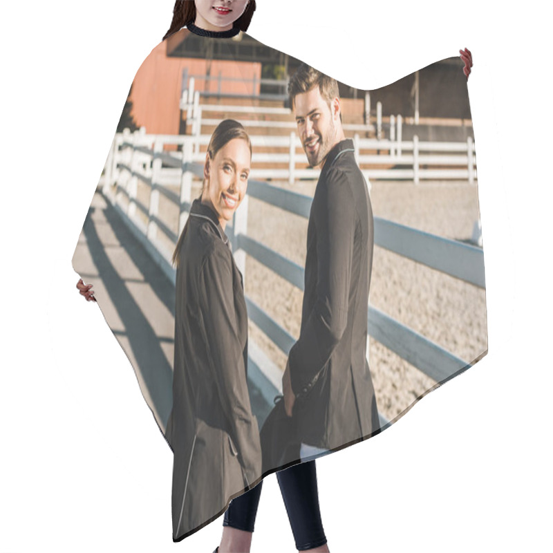 Personality  Back View Of Smiling Equestrians In Professional Apparel Standing At Ranch And Looking At Camera Hair Cutting Cape