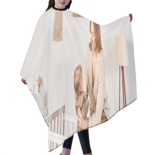 Personality  Happy Young Mother Holding Cute Toddle Son Near Comfortable Crib In Nursery Room, Horizontal Banner Hair Cutting Cape