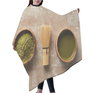 Personality  Top View Of Matcha Tea And Powder In Wooden Bowl With Bamboo Whisk On Aged Surface Hair Cutting Cape