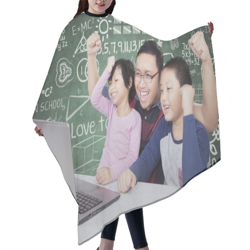 Personality  Successful Students With Their Teacher Raise Hands Hair Cutting Cape