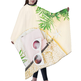 Personality  Tropical Leaves, Beach Bag With Sunglasses, Notebook And Seashells On Yellow  Background. Hair Cutting Cape