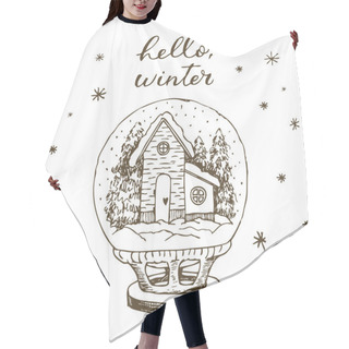 Personality  Winter Snow Globe With House And Snow Inside. Cute Hand Drawn Vector Black And White Hand Drawn Line Hair Cutting Cape