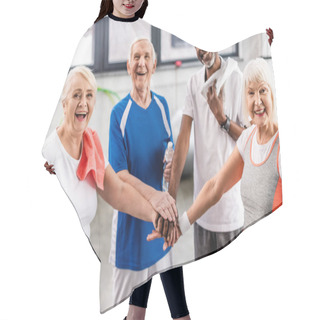 Personality  Laughing Senior Multiculutral Sportspeople Putting Hands Together At Sports Hall  Hair Cutting Cape