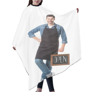 Personality  Smiling Young Waiter With Open Blackboard Isolated On White Hair Cutting Cape