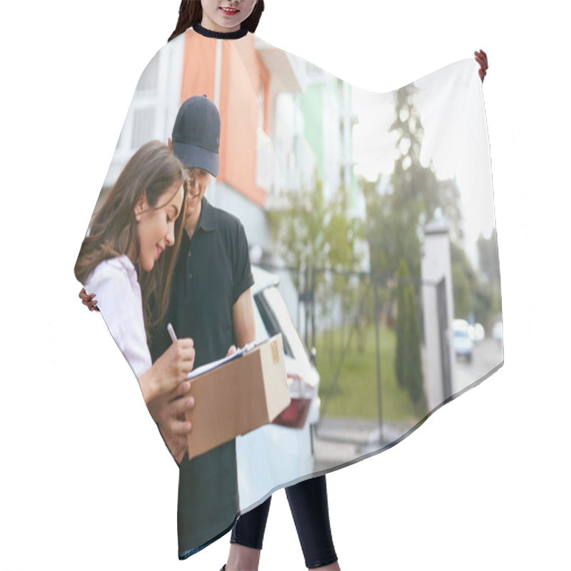 Personality  Delivery Courier. Man Delivering Package To Woman hair cutting cape