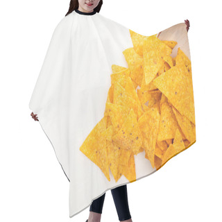 Personality  Top View Of Corn Nachos Scattered From Bowl On White Background Hair Cutting Cape