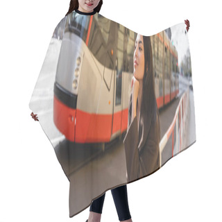 Personality  Trendy Young Woman In Coat Standing Near Road With Tram On Street In Prague, Banner  Hair Cutting Cape