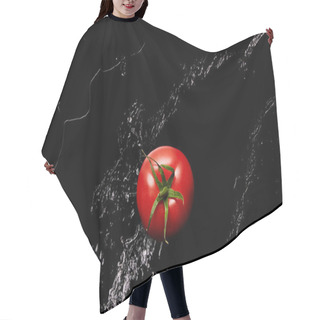Personality  Top View Of Ripe Red Tomato In Clear Water Puddle Isolated On Black Hair Cutting Cape