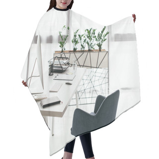 Personality  White Table With Computer, Document Tray, Glass And Notebook Near Office Chair And Flowerpot With Plant Hair Cutting Cape