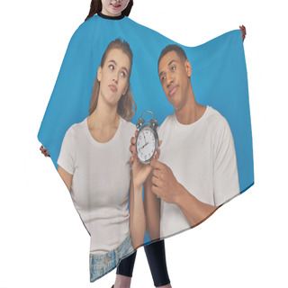 Personality  Morning Time, Two Displeased Interracial Couple Holding Retro Alarm Clock On Blue Backdrop Hair Cutting Cape