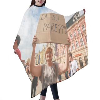 Personality  Zagreb, Croatia - 14. September, 2018 : Woman Holding Sign Against Against The Ruling Political Party Hdz And The Opposition SDP On The Protest On Ban Jelacic Square In Zagreb, Croatia. Hair Cutting Cape