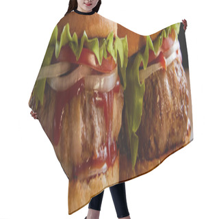 Personality  Panoramic Shot Of Two Hamburgers On Wooden Surface Isolated On Black Hair Cutting Cape